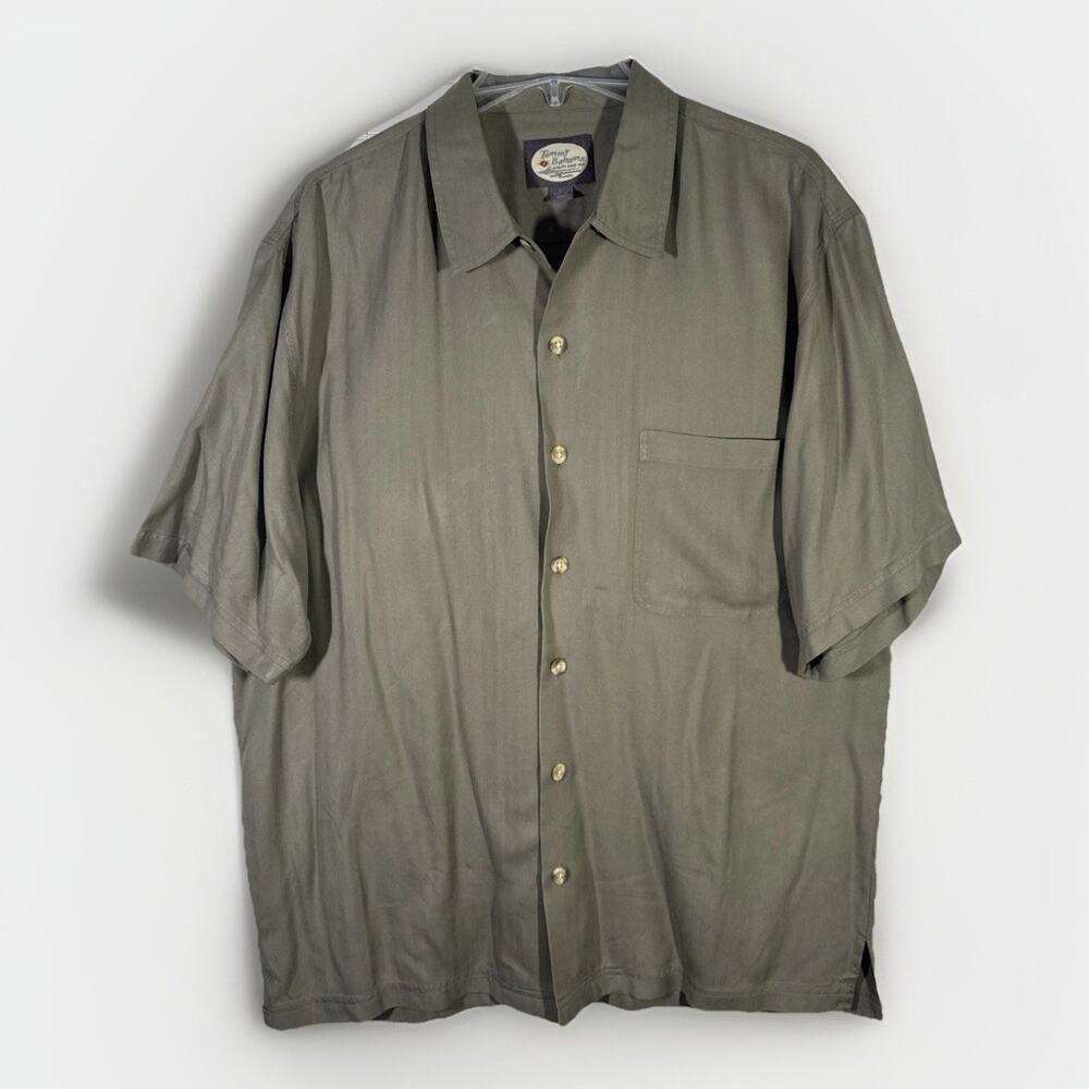 Tommy Bahama 100% Silk Short Sleeve Button Up Shirt - Mens L - Green/Gray